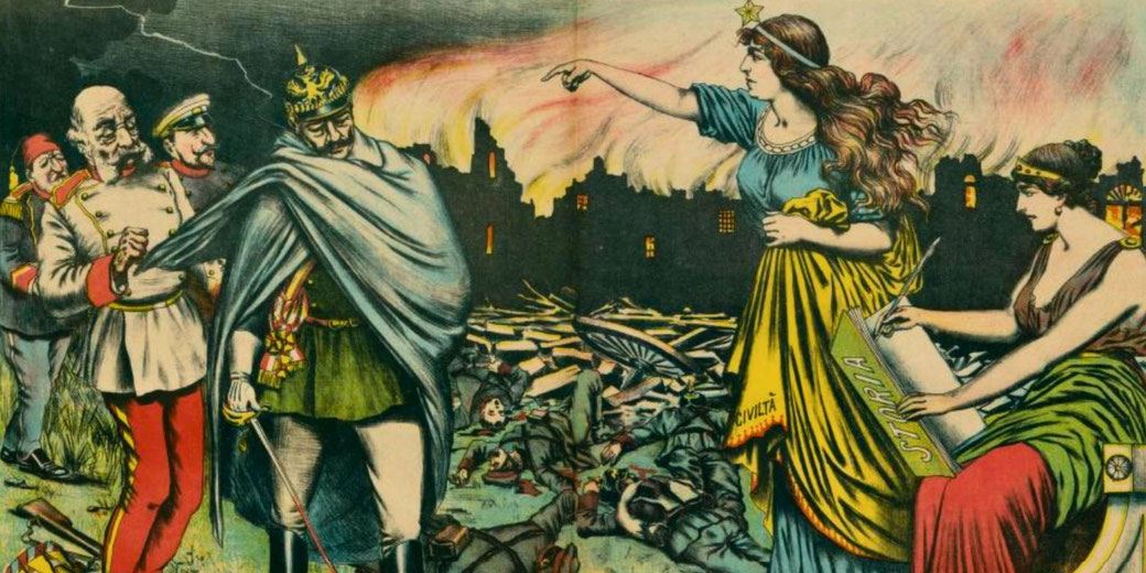 A woman symbolizing justice or liberty condemning military leaders as they retreat from a battlefield.
