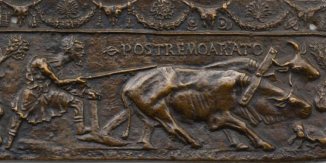 A bas-relief depicting Cincinnatus plowing with oxen, symbolizing his humility before being called to lead Rome.