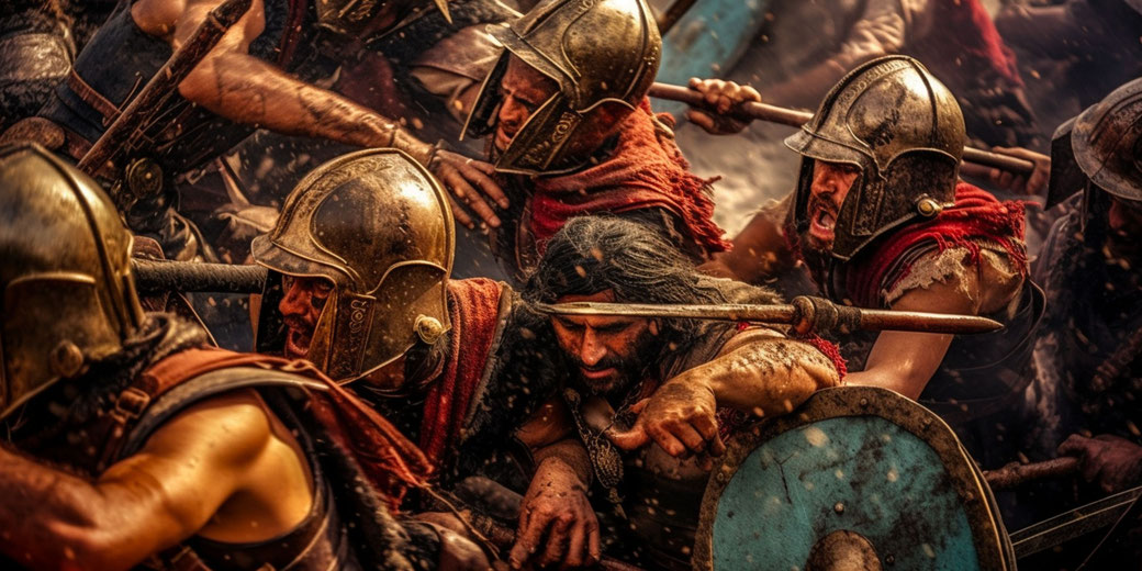 A brutal battle scene from the Messenian Wars, with Spartan warriors in bronze helmets and red cloaks clashing with their foes.
