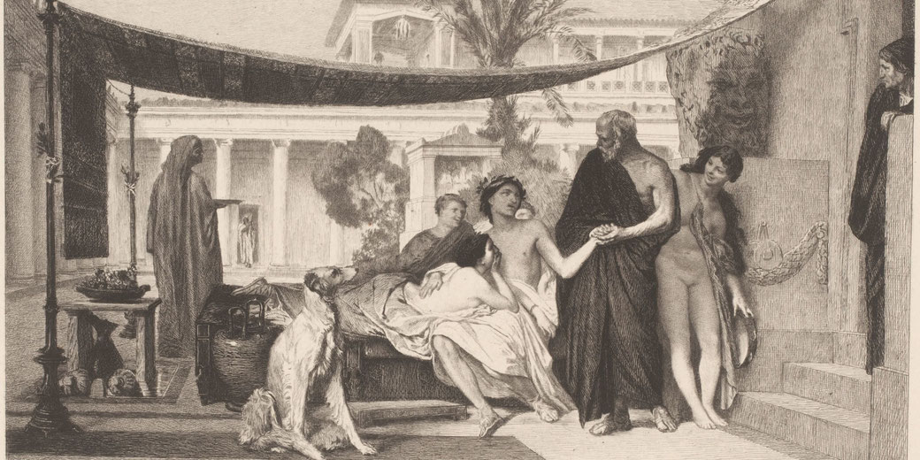 Alcibiades reclines beside Aspasia under a canopy as Socrates holds his hand; a nude woman with a tambourine and a dog are also present.