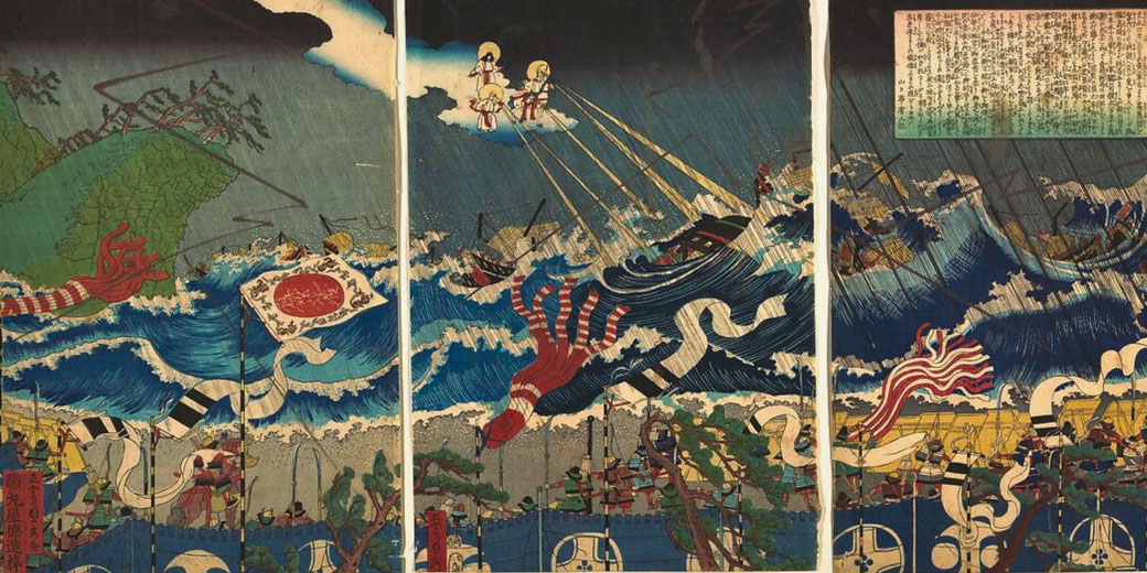 A traditional Japanese ukiyo-e triptych depicting a stormy sea destroying invading Mongol ships. Divine figures in the sky send lightning, while samurai on land observe. 
