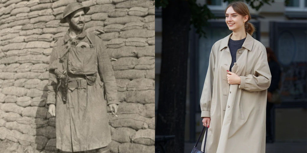 Side-by-side images show a WWI soldier in a trench coat and gear, and a modern woman in a similar beige coat, smiling in an urban setting.