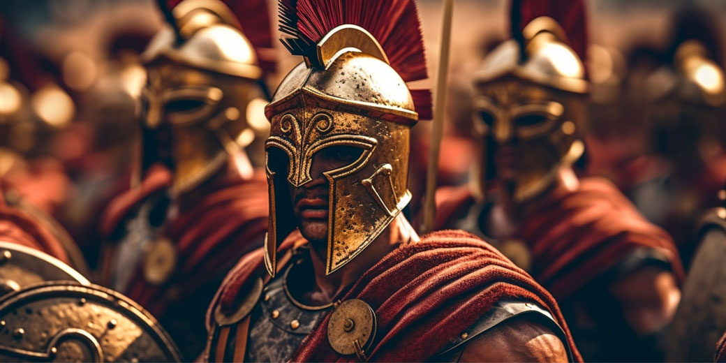 A group of ancient warriors in gold helmets and red cloaks stand in formation, focused and battle-ready.
