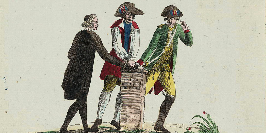 A historical illustration depicting three men in 18th-century attire, symbolizing unity. They place their hands together on a stone pillar inscribed with French text, while one smokes a pipe.