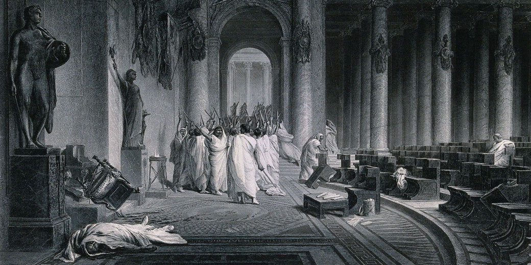 Engraving shows Roman senators fleeing after the assassination of Julius Caesar, whose body lies at the bottom left.
