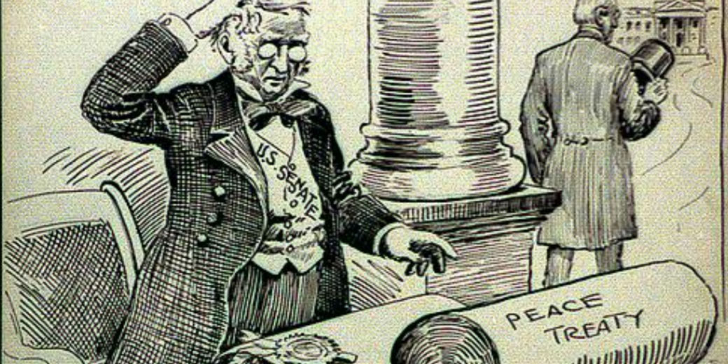 A political cartoon shows a confused U.S. Senate figure examining a large "Peace Treaty" document while a man, likely President Wilson, walks away holding his hat.