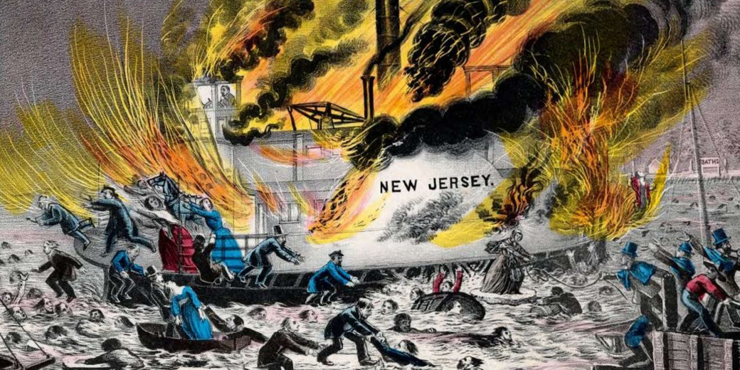People leap from a burning steamship named "New Jersey" into the water as flames and smoke engulf the vessel, with rescuers pulling survivors from the chaos.