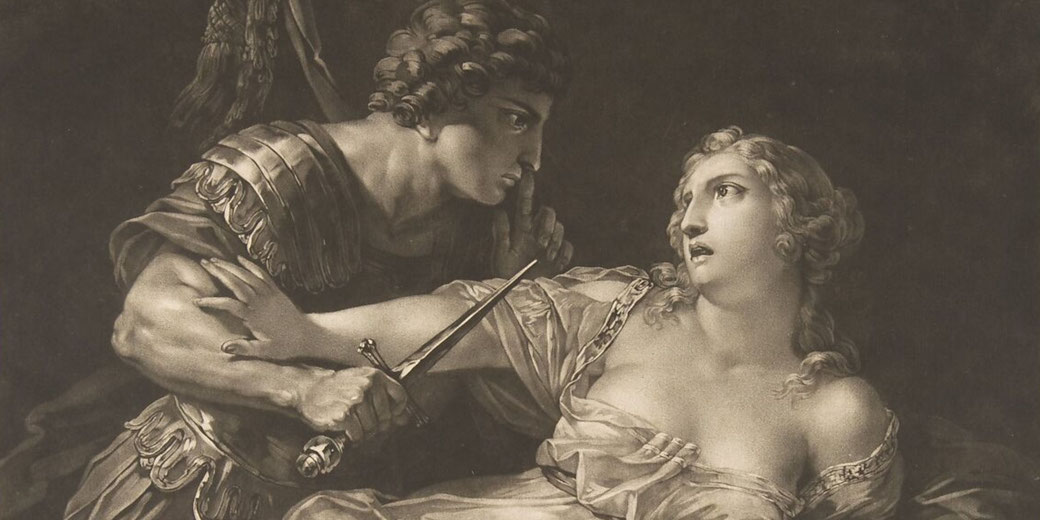 The Roman prince Tarquin menacing Lucretia with a dagger. Her expression shows fear and resistance, while his gesture demands silence.