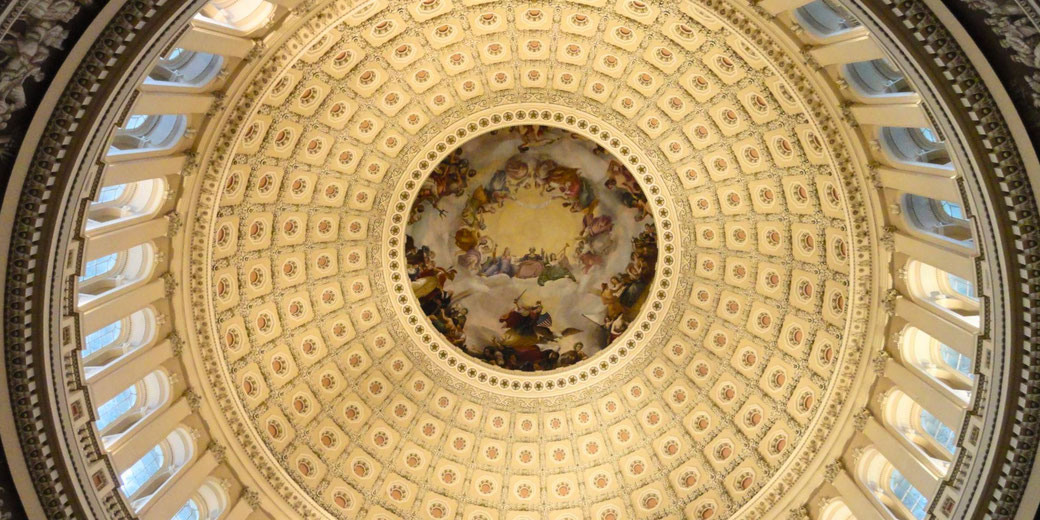 The Apotheosis of Washington, a fresco inside the U.S. Capitol dome. Painted by Constantino Brumidi in 1865, it depicts George Washington rising to divine status.