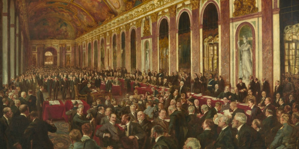 Painted scene of World War I peace treaty signing in the Hall of Mirrors at the Palace of Versailles, capturing key Allied representatives formalising the end of the conflict.