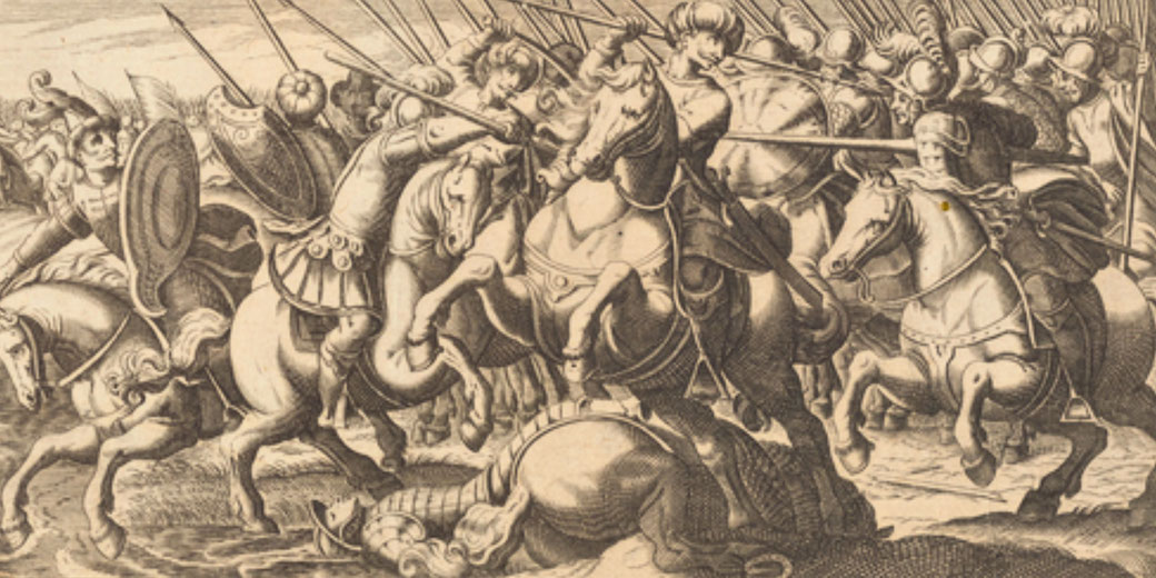 An intricate historical engraving depicting a fierce cavalry battle. Soldiers in armor wield spears and shields, engaging in close combat on horseback, with fallen warriors and chaos in the scene.
