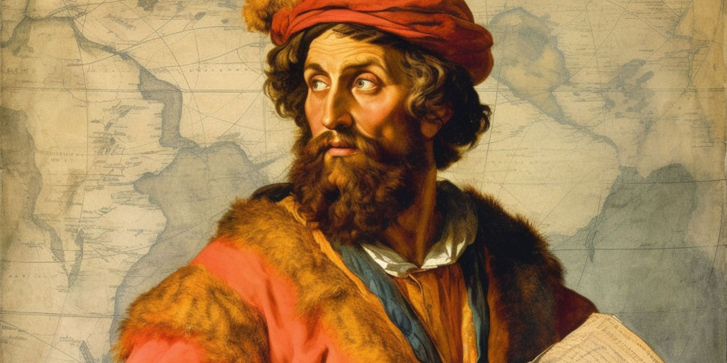 A bearded explorer in a red turban and fur-lined robe, holding a parchment, with an antique map in the background.