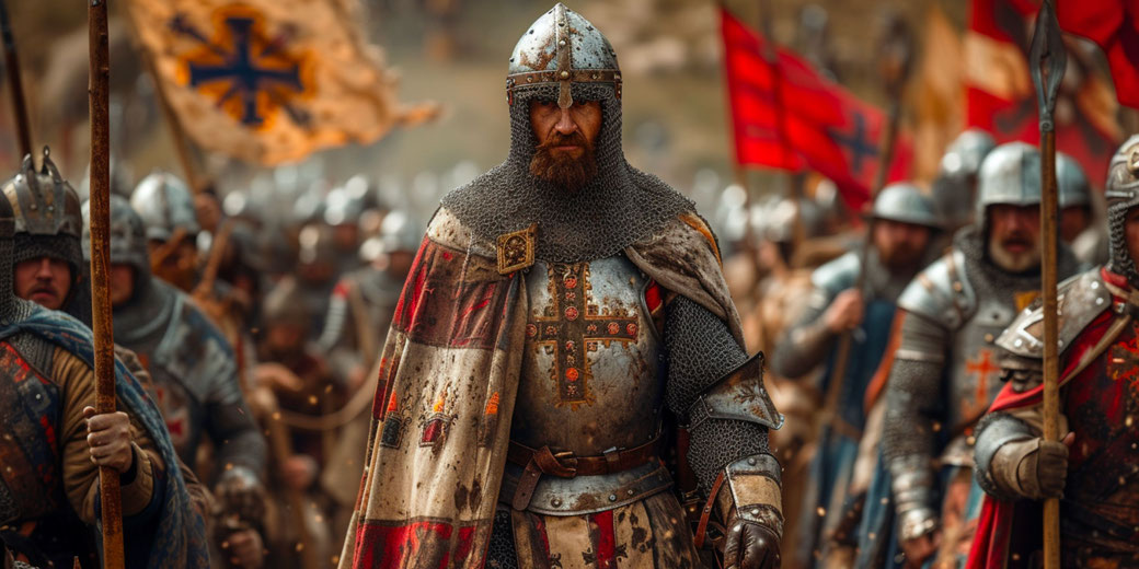 A medieval knight in battle-worn armor and a decorated surcoat, leading an army of crusaders with spears and banners.