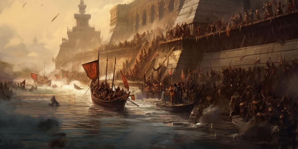 A dramatic battle scene shows Spanish ships attacking a grand city with towering stone walls. Warriors on boats and fortifications clash as arrows fly, and the water churns with chaos and war.