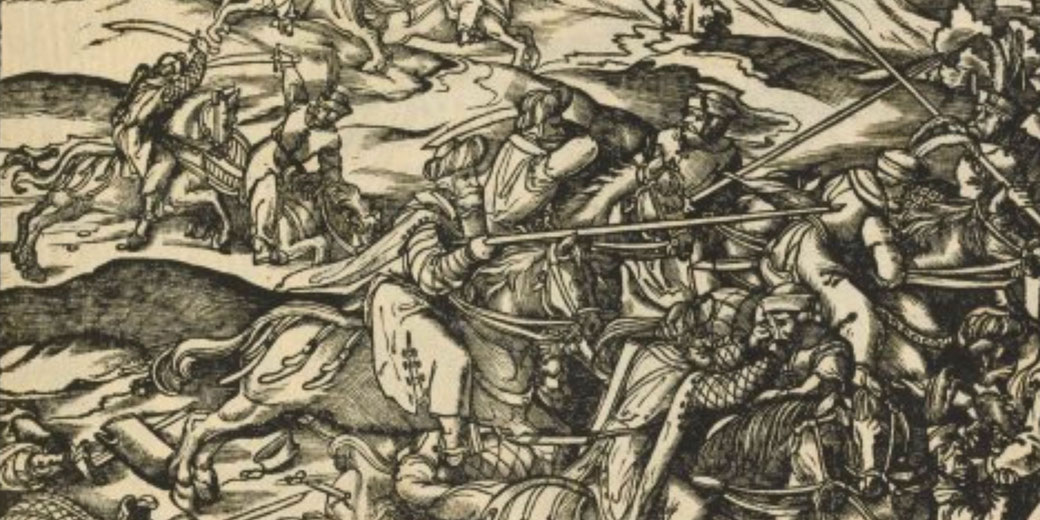 Intricate engraving of a chaotic cavalry battle with soldiers wielding swords and lances on horseback.