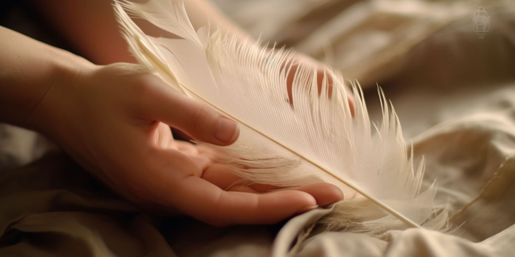A hand gently holds a soft, white feather against a backdrop of beige fabric.