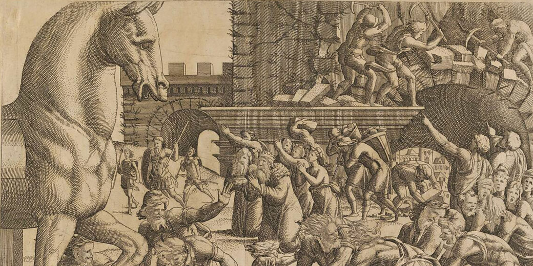 Etching by Jean Mignon, after Luca Penni, depicting the Trojans pulling the wooden horse into their city