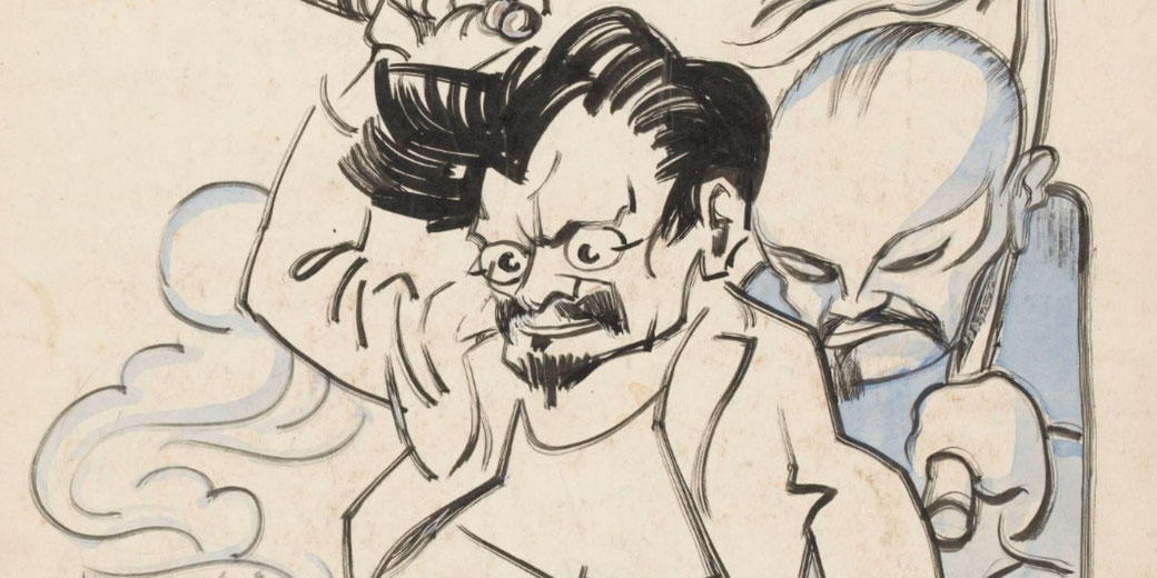 Caricature drawing of two men, one with glasses and wild hair swinging a weapon, the other bald and grim, holding a sword from behind.