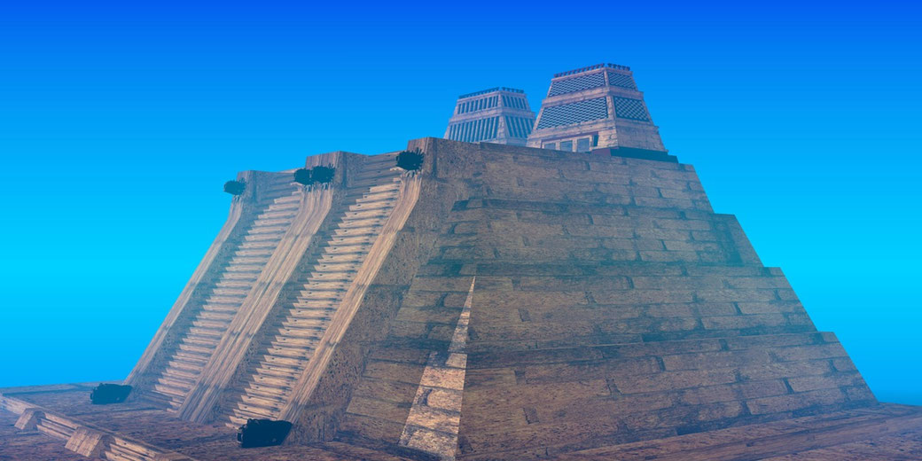 A 3D-rendered depiction of an ancient Mesoamerican pyramid with steep stairs leading to twin temple structures at the top, set against a blue sky with a misty atmosphere.