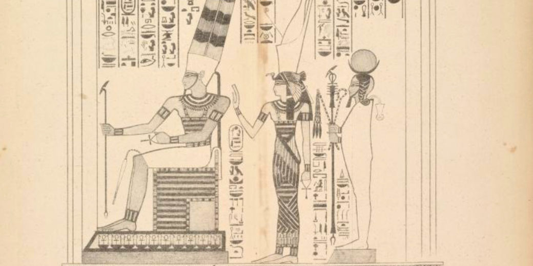 Line drawing of ancient Egyptian figures including a seated pharaoh and two standing goddesses, surrounded by hieroglyphs.