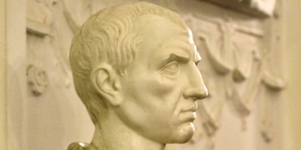 Sepia-toned profile of a classical marble bust of a Roman man with detailed hair, mounted on a textured wall with carved figures in the background.