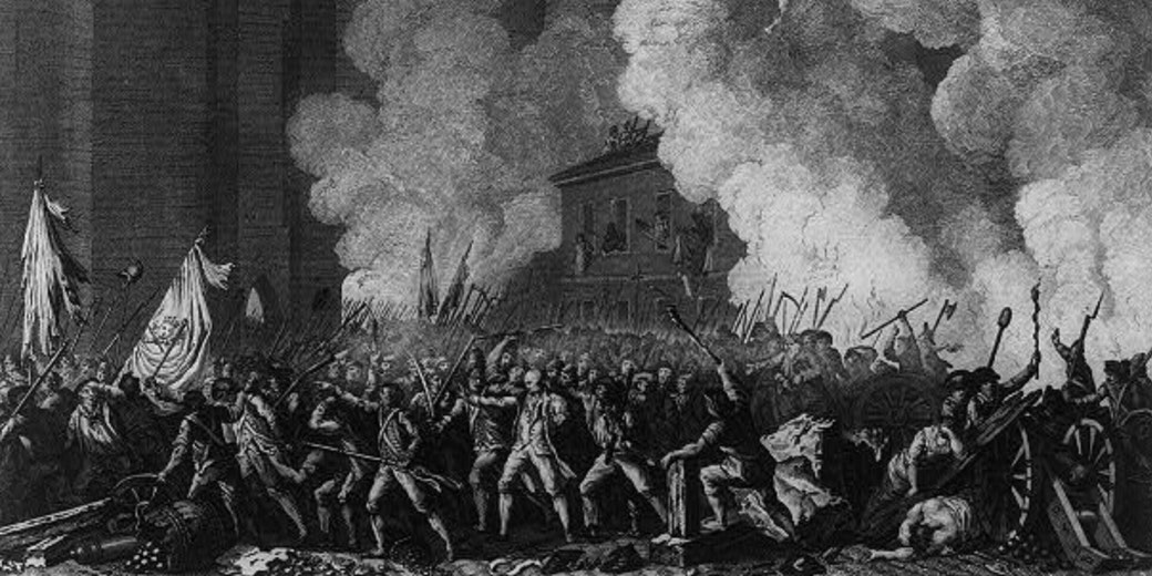 A dramatic black-and-white engraving of a chaotic battle scene, with revolutionaries wielding weapons and flags amid smoke and destruction.