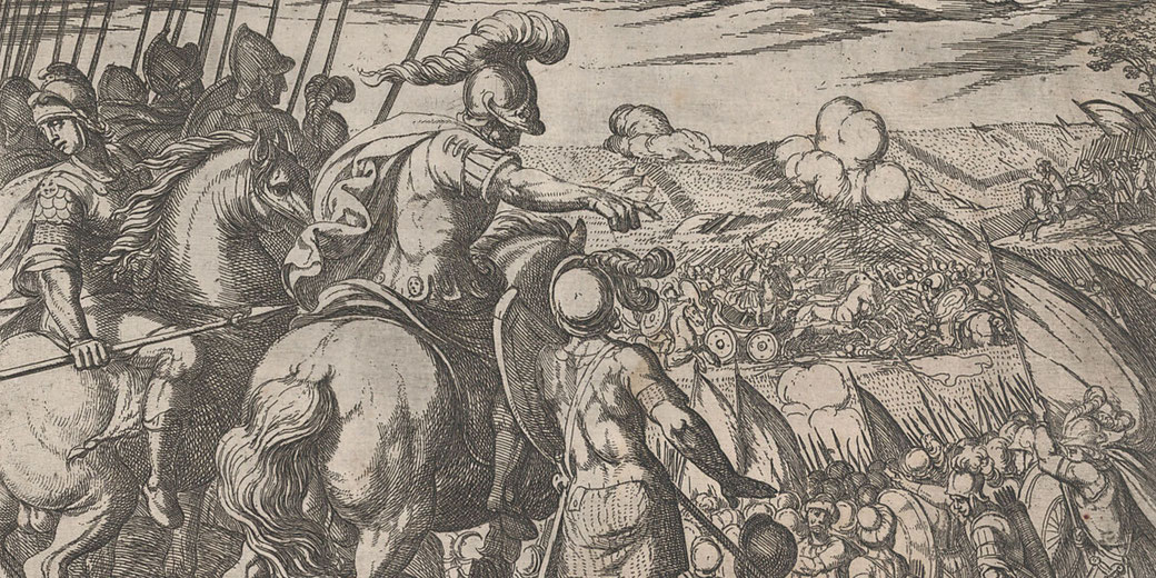 1608 etching by Antonio Tempesta depicting Alexander the Great commanding troops in battle.