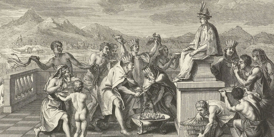 An intricate engraving depicts an indigenous ceremony with a ruler seated on a pedestal, surrounded by figures offering food, drink, and sacrifices.