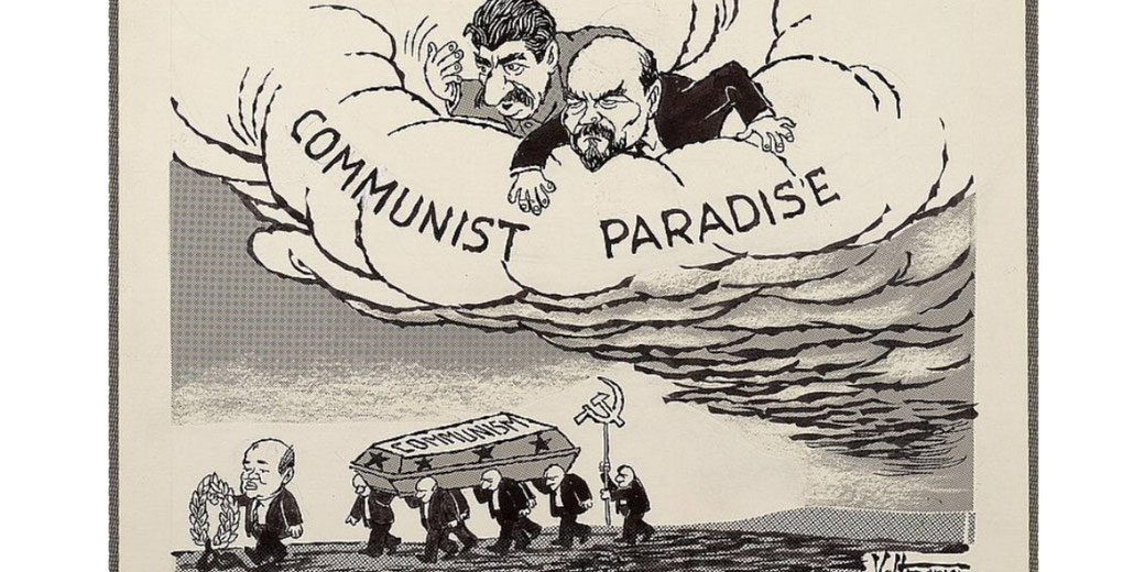 Political cartoon showing Lenin and Stalin on a cloud labeled Communist Paradise watching mourners carry a coffin marked Communism with a hammer and sickle symbol.