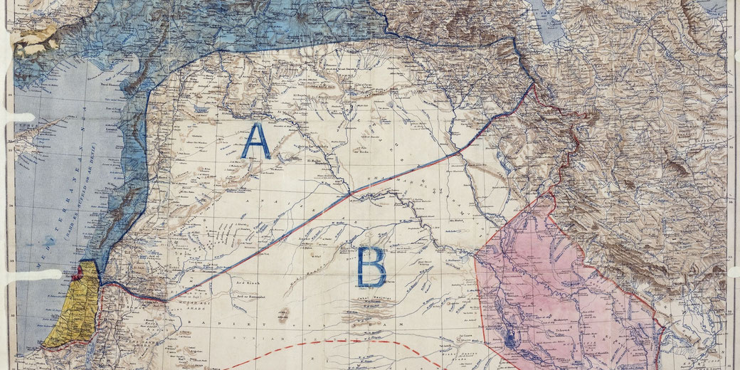 A historical map showing territorial divisions marked A and B with colored zones across the Middle East, including modern Syria, Iraq, and Israel.