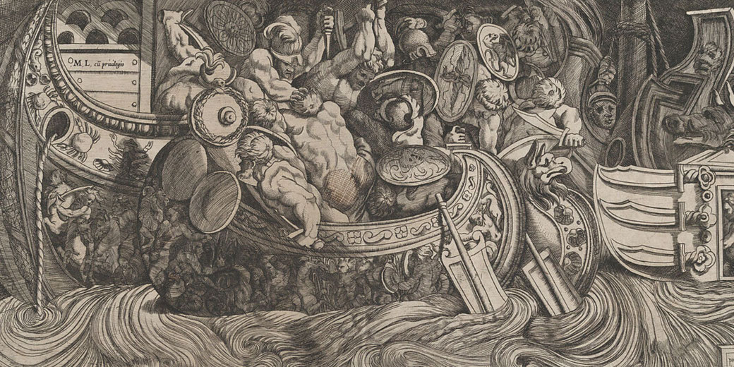 A chaotic naval battle with warriors clashing aboard ornate ships. Figures wield swords and shields, while waves crash beneath. The scene is dramatic and highly detailed.