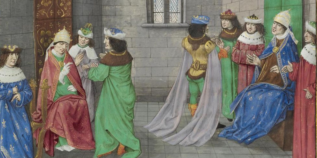 Two rival popes depicted in medieval manuscript illustration, highlighting the Western Schism.