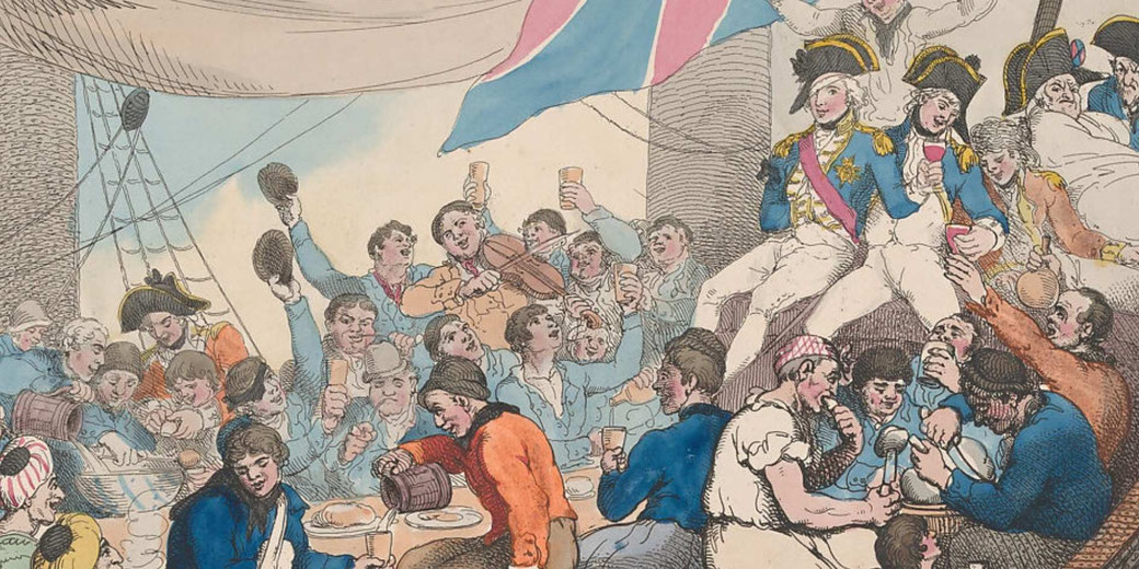 Hand-colored etching showing Admiral Nelson celebrating with sailors after the Battle of the Nile, created by Thomas Rowlandson in 1798.