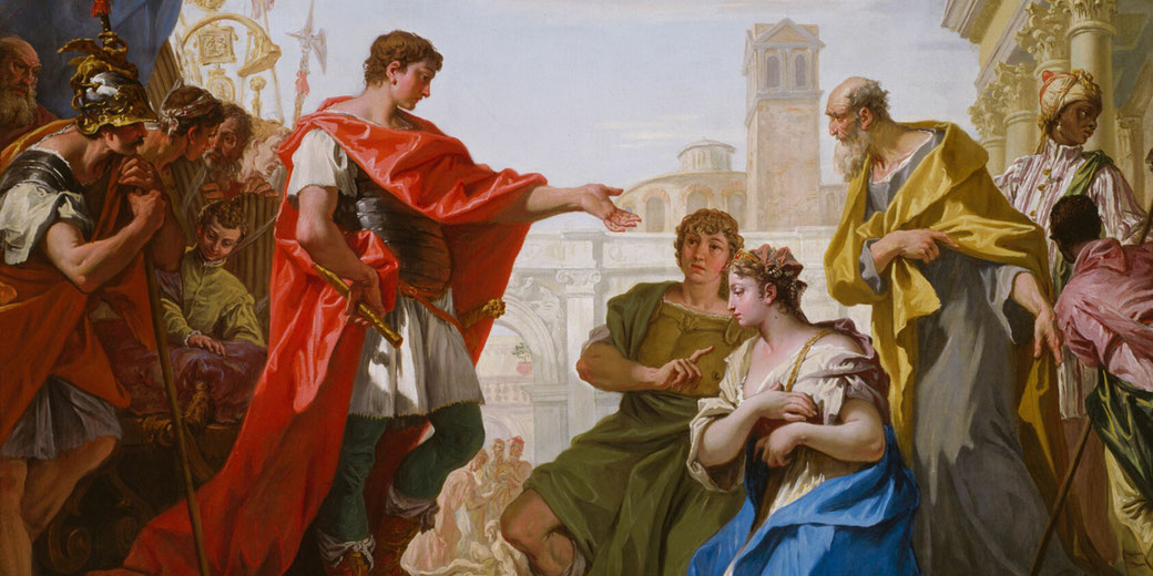 Scipio Africanus returns a captive woman to her fiancé, declining ransom, in Ricci's 1706 oil painting.