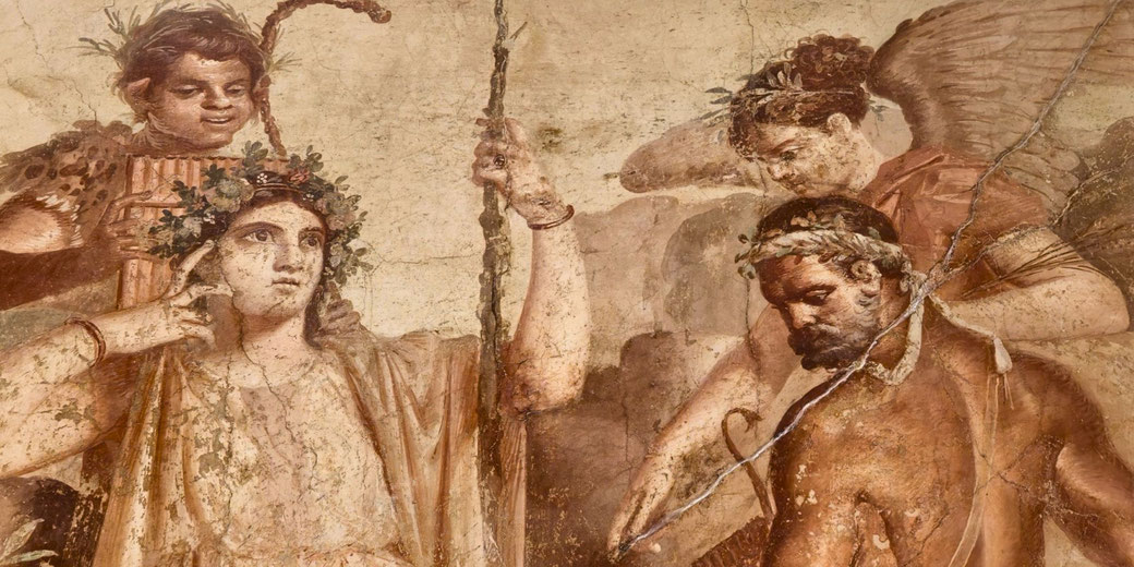 Ancient fresco showing a seated woman with a floral crown, a satyr playing panpipes, a winged figure, and a bearded man in a wreath, all in a mythological scene.