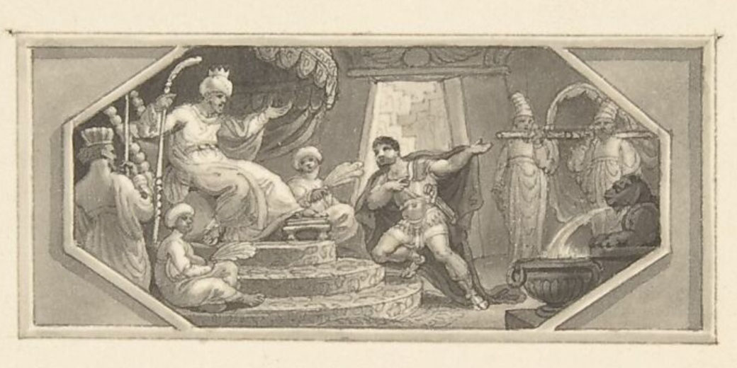 Ink and wash drawing by Edward Francis Burney depicting Themistocles revealing his identity to the Persian king.