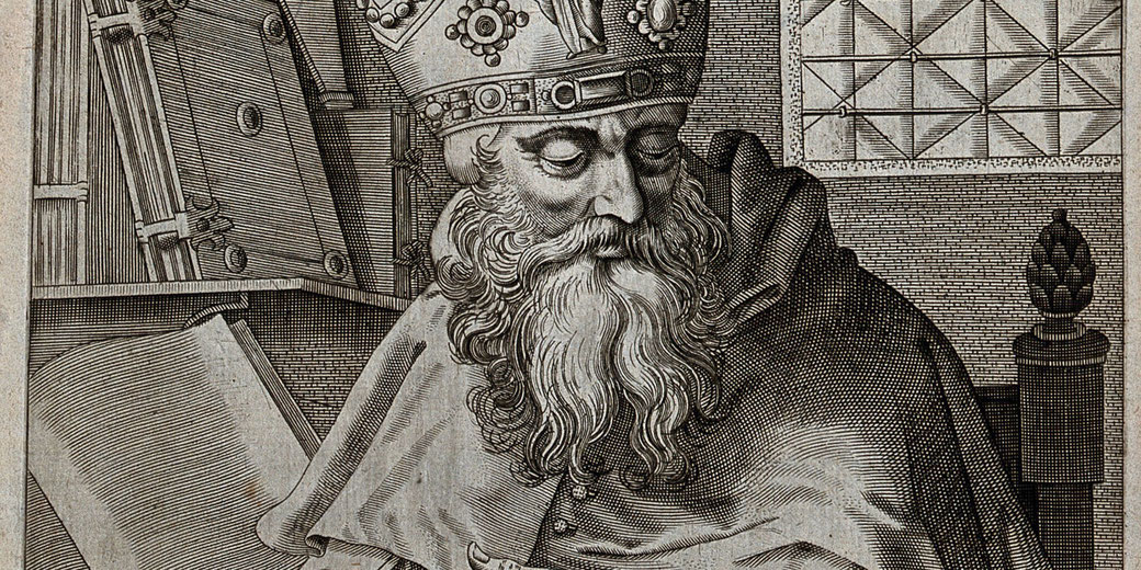 Detailed engraving of a bearded bishop wearing a decorated mitre, reading a large book in a scholarly setting.