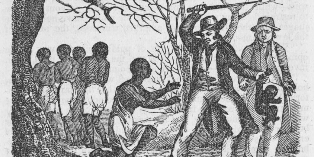 An engraving depicts the brutal treatment of enslaved people, showing a kneeling Black person pleading while a white man raises a weapon, and another holds a baby.