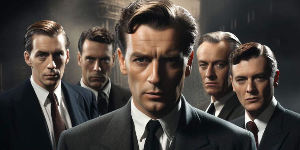 Five serious-looking men in suits with slicked-back hair stand in a dramatic, low-lit setting, exuding a 1950s or noir aesthetic.