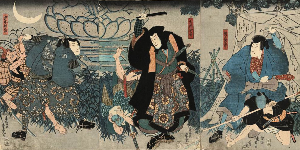 A dramatic Japanese ukiyo-e triptych depicting samurai engaged in intense battle.