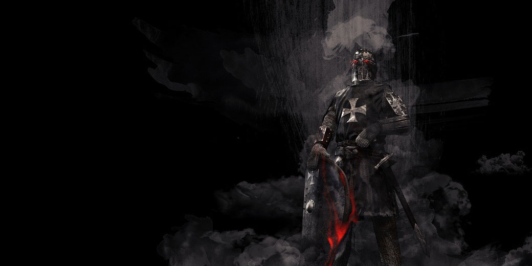 A dark-armored knight with glowing red eyes stands holding a shield and sword, surrounded by smoke and shadow.