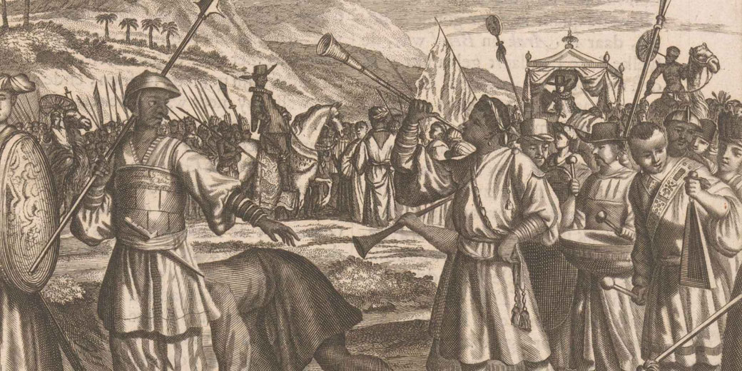 A detailed engraving depicts Vasco da Gama being led to the Zamorin of Calicut, showing a grand procession with armed guards and musicians.