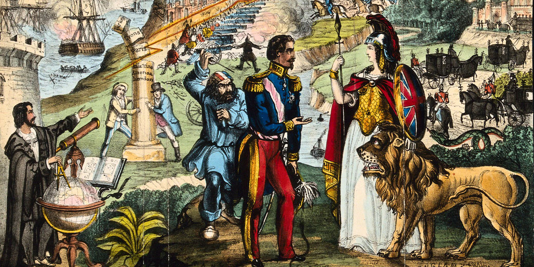 A detailed political cartoon depicts a British figure with a lion confronting a military officer, with scenes of war, science, and diplomacy in the background.