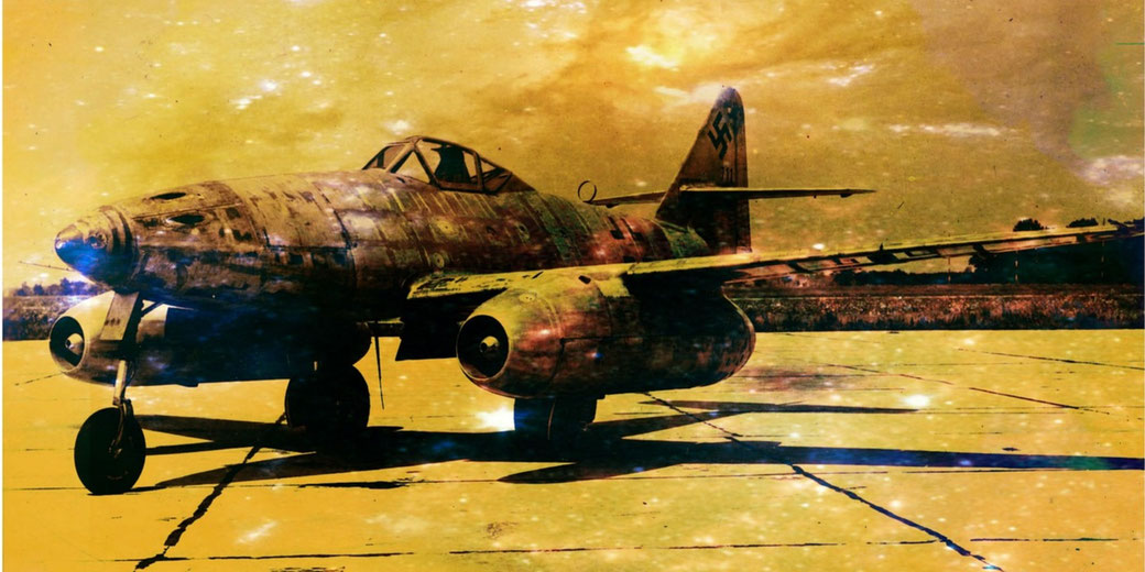 WWII-era German jet fighter parked on a runway, shown with a surreal cosmic overlay and yellow tone.