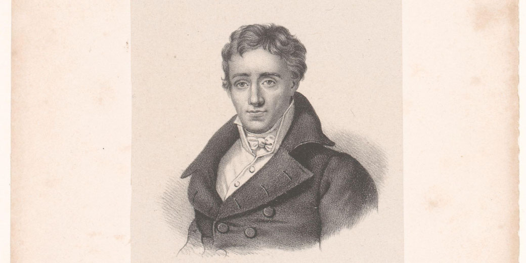 A young man in formal 1800s clothing poses for a monochrome portrait with a calm expression.