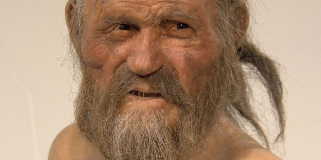 Close-up of a lifelike reconstruction of a prehistoric man with weathered skin, a long beard, and hair tied back, gazing slightly off to the side.