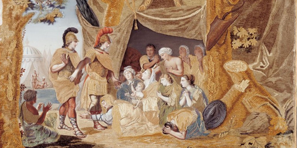 Tapestry depicting armored soldiers addressing a group of women and children gathered inside a tented area with emotional expressions.