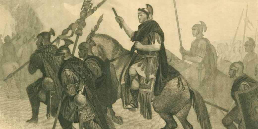 A Roman commander on horseback leads a formation of soldiers holding spears and shields, depicted in a detailed historical illustration.