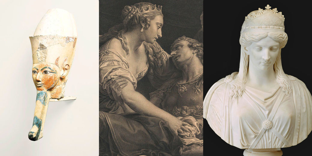 Three depictions of ancient female rulers: an Egyptian-style painted mask, a classical engraving with Caesar, and a marble bust in Roman attire.