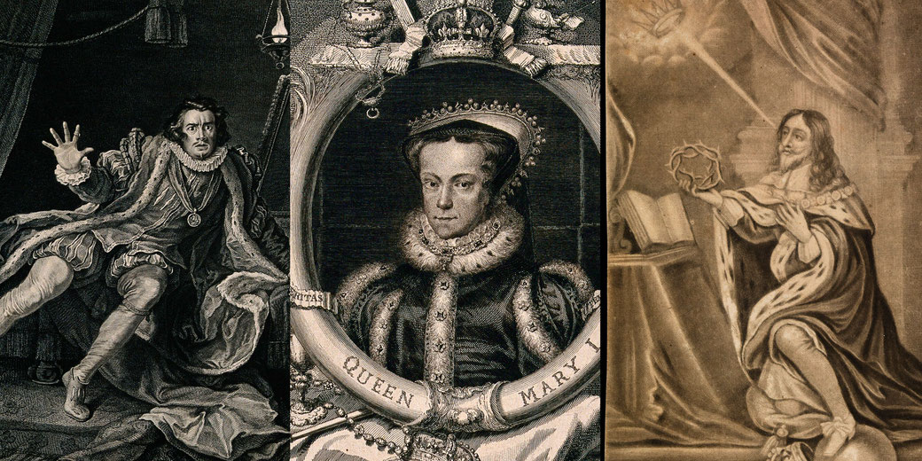 A collage of three antique engravings depicting dramatic historical scenes: a fearful noble recoiling, Queen Mary I in regal attire, and a kneeling king holding a crown of thorns in an act of devotion.